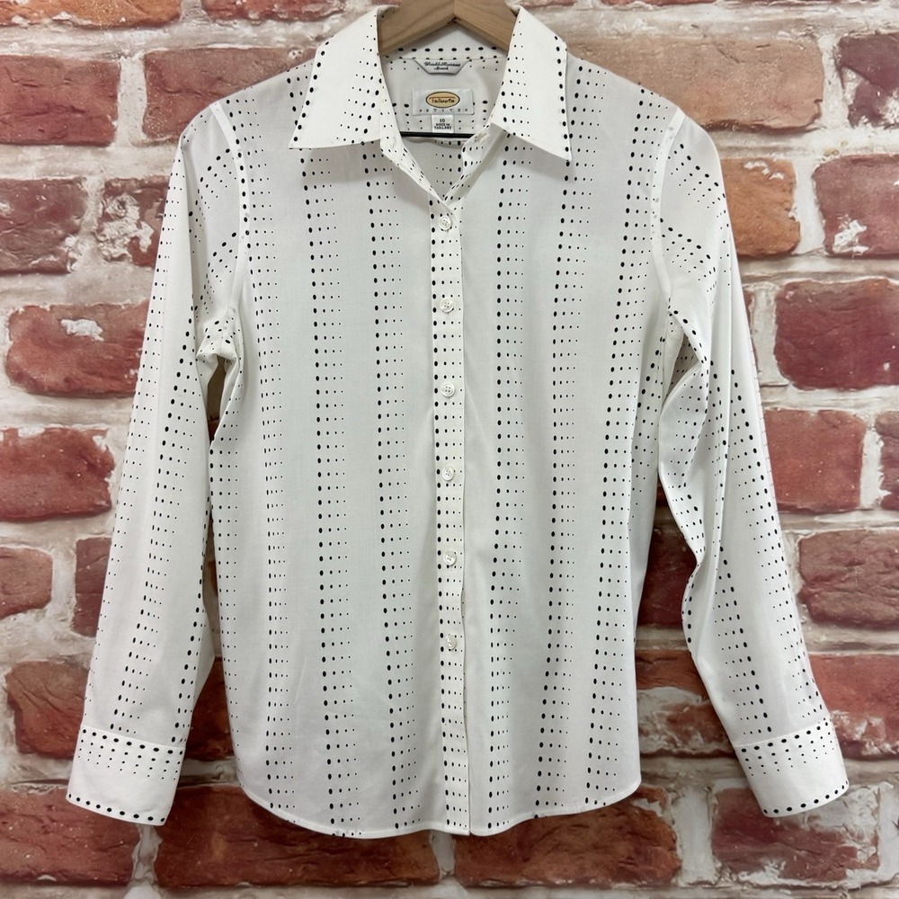 Vintage Talbots Top Women's 10P White Black Polka Dot Striped Abstract Shirt